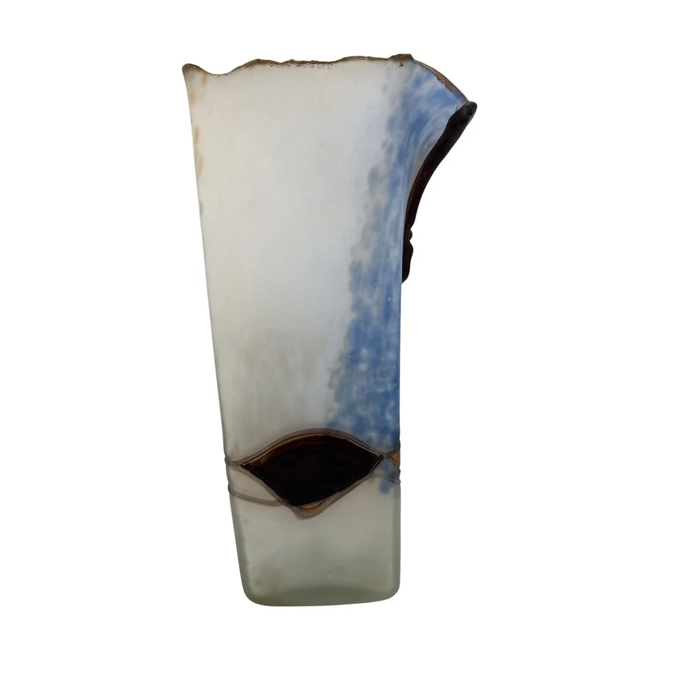Omaggio Vetro Italiano Hand Made Art Glass Vase Frosted Blue‎ Amber Zipper Top